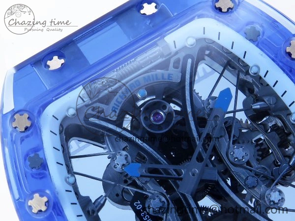 MultiPurpose RM53-02 BLUE TRANSPARENT TOURBILLON RMF BEST EDITION SKELETON DIAL ON WHITE RUBBER STRAP V 9313