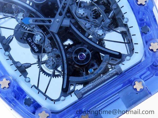 MultiPurpose RM53-02 BLUE TRANSPARENT TOURBILLON RMF BEST EDITION SKELETON DIAL ON WHITE RUBBER STRAP V 9313