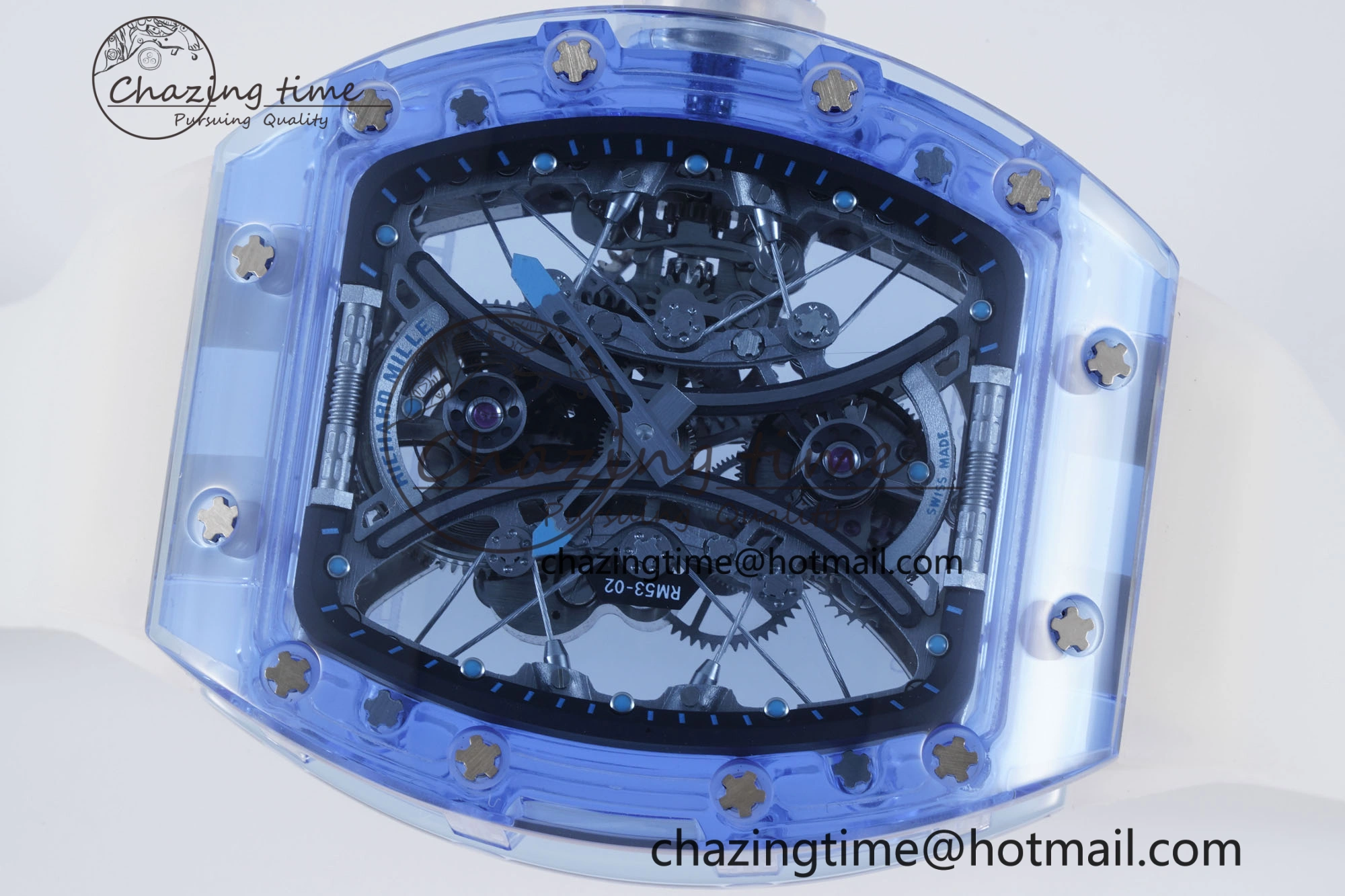Affordable RM53-02 Blue Transparent Tourbillon RMF Best Edition Skeleton Dial on Transparent Rubber Strap 9342