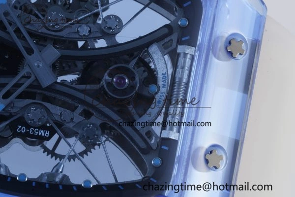 Affordable RM53-02 Blue Transparent Tourbillon RMF Best Edition Skeleton Dial on Transparent Rubber Strap 9342