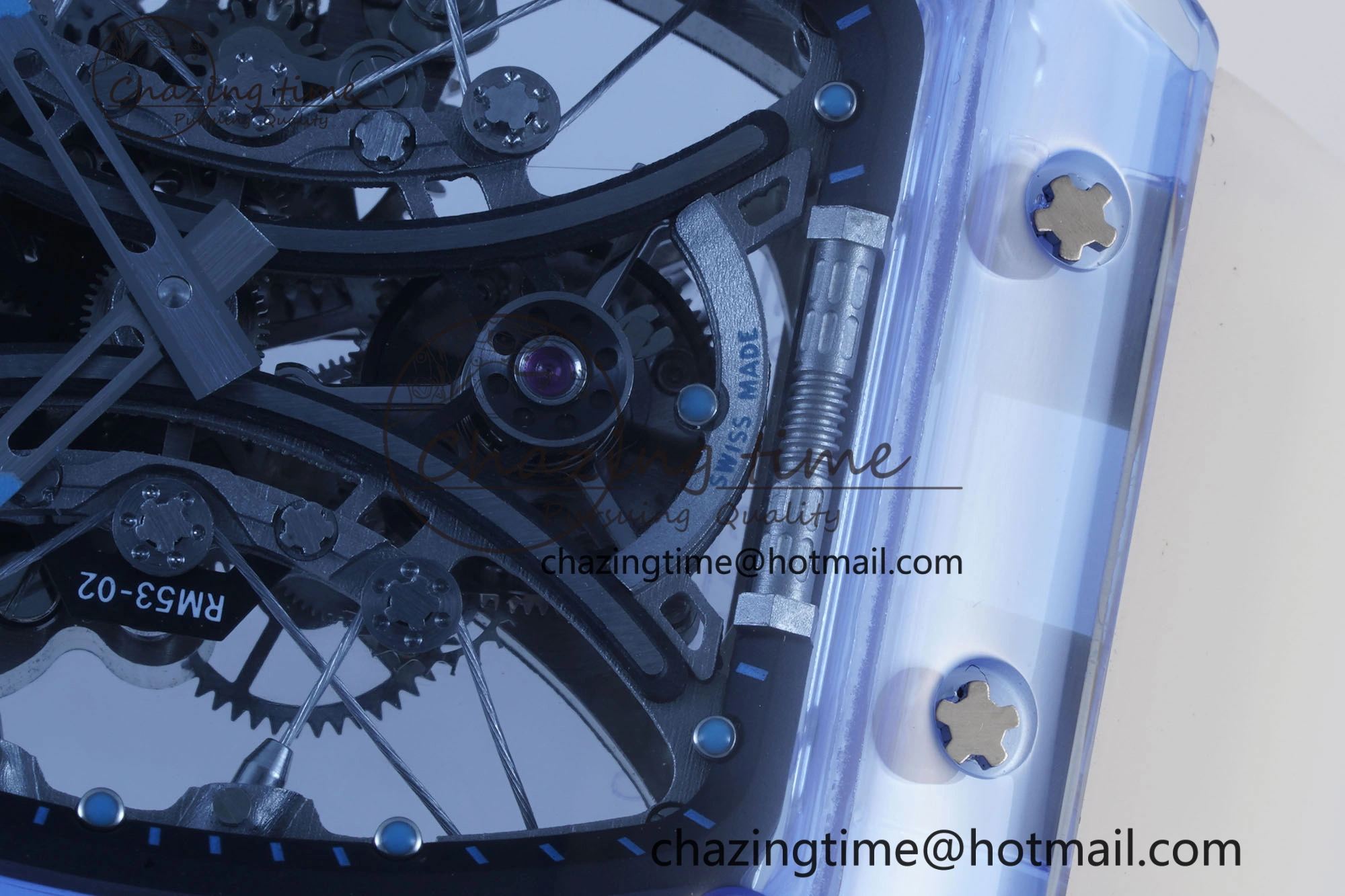 Affordable RM53-02 Blue Transparent Tourbillon RMF Best Edition Skeleton Dial on Transparent Rubber Strap 9342
