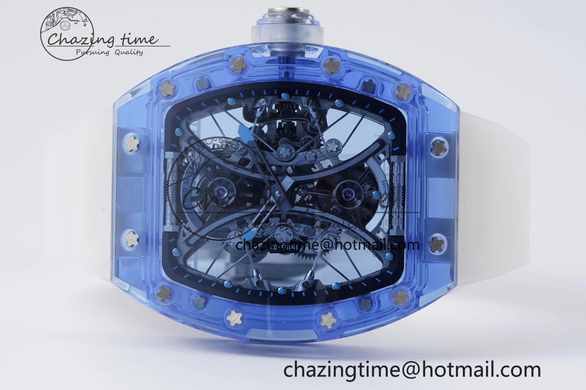 Affordable RM53-02 Blue Transparent Tourbillon RMF Best Edition Skeleton Dial on Transparent Rubber Strap 9342