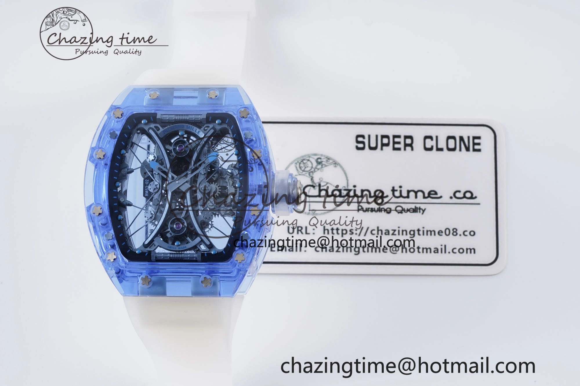 Affordable RM53-02 Blue Transparent Tourbillon RMF Best Edition Skeleton Dial on Transparent Rubber Strap 9342
