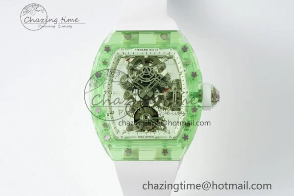 Durable RM56-01 Green Transparent Tourbillon RMF Best Edition Skeleton Dial on White Rubber Strap 9374