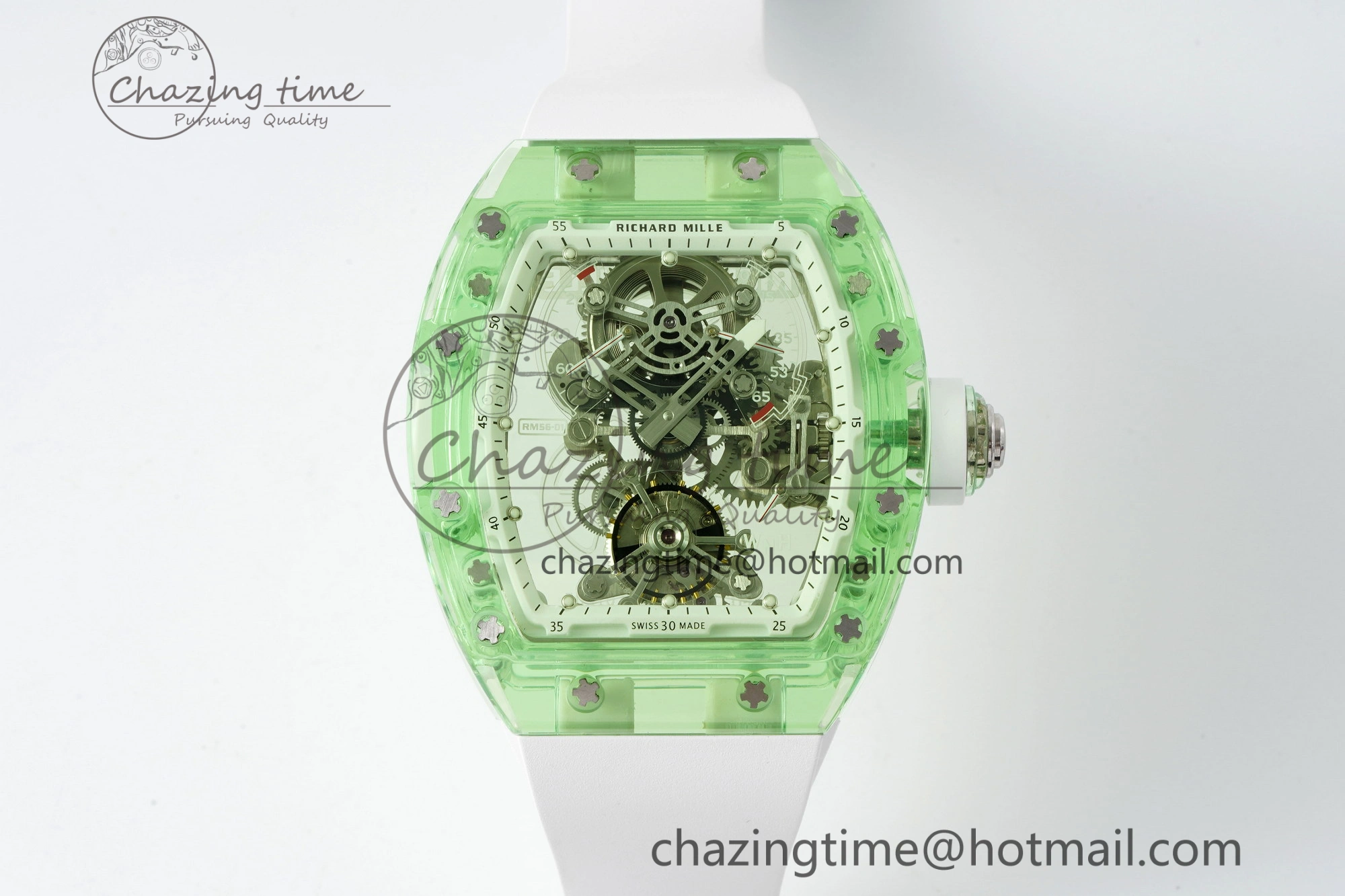 Durable RM56-01 Green Transparent Tourbillon RMF Best Edition Skeleton Dial on White Rubber Strap 9374