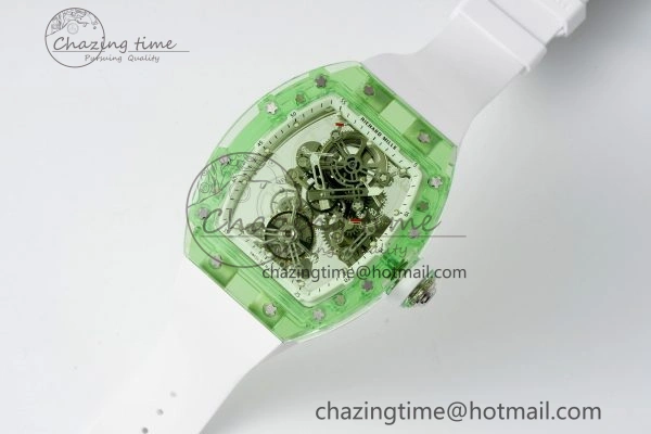 Durable RM56-01 Green Transparent Tourbillon RMF Best Edition Skeleton Dial on White Rubber Strap 9374