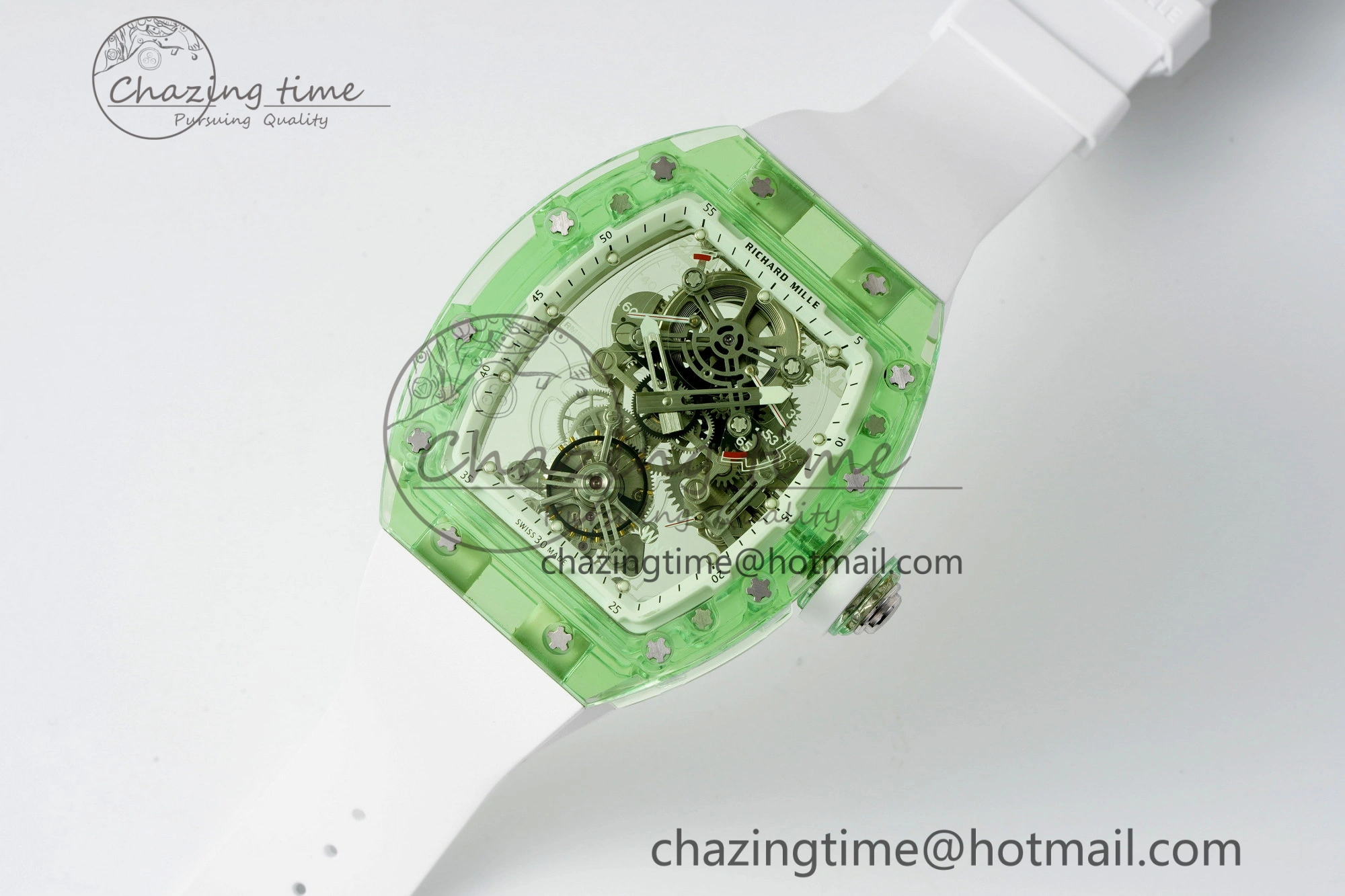 Durable RM56-01 Green Transparent Tourbillon RMF Best Edition Skeleton Dial on White Rubber Strap 9374