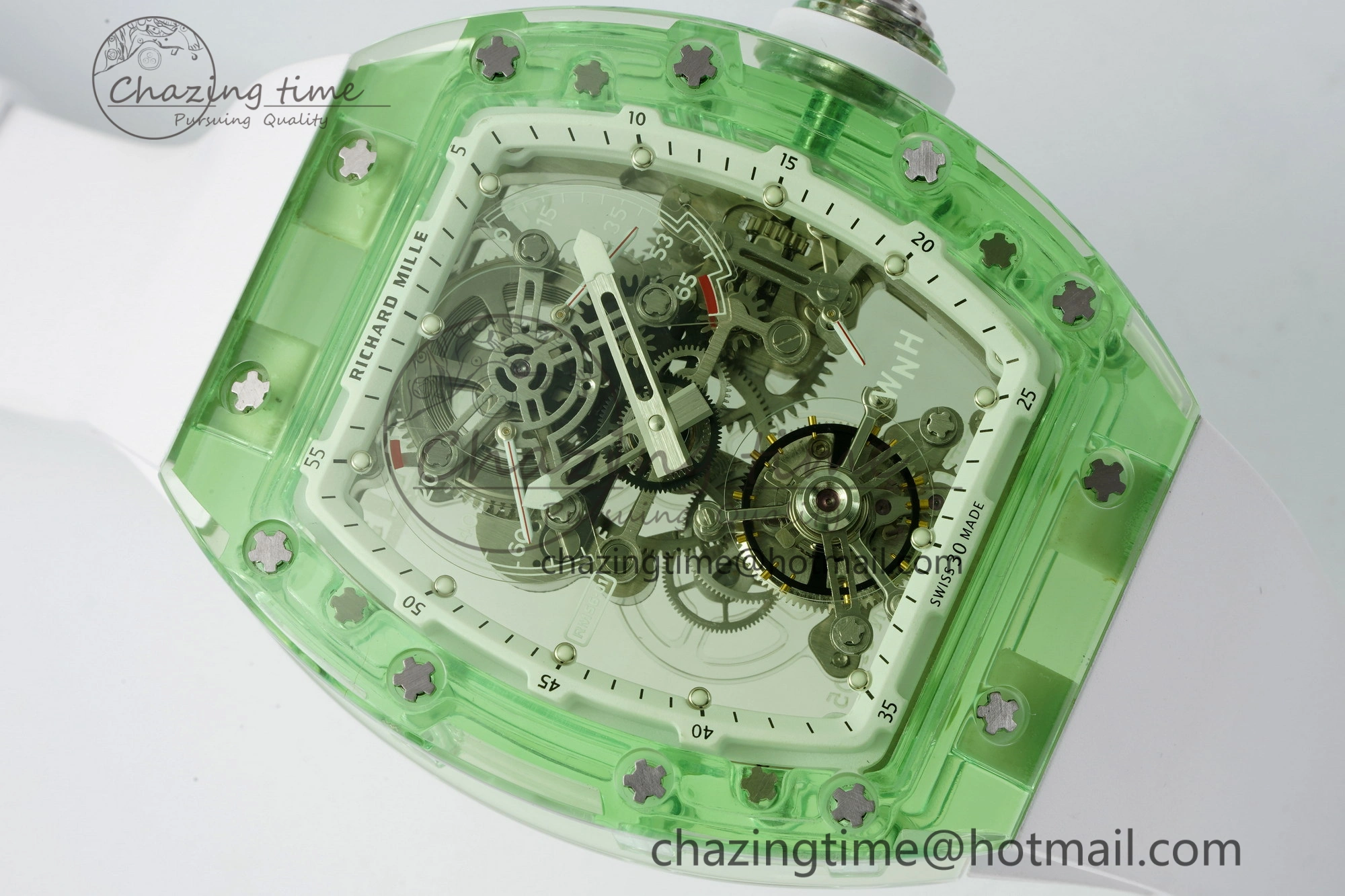 Durable RM56-01 Green Transparent Tourbillon RMF Best Edition Skeleton Dial on White Rubber Strap 9374
