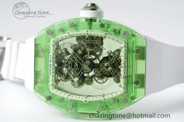 Durable RM56-01 Green Transparent Tourbillon RMF Best Edition Skeleton Dial on White Rubber Strap 9374