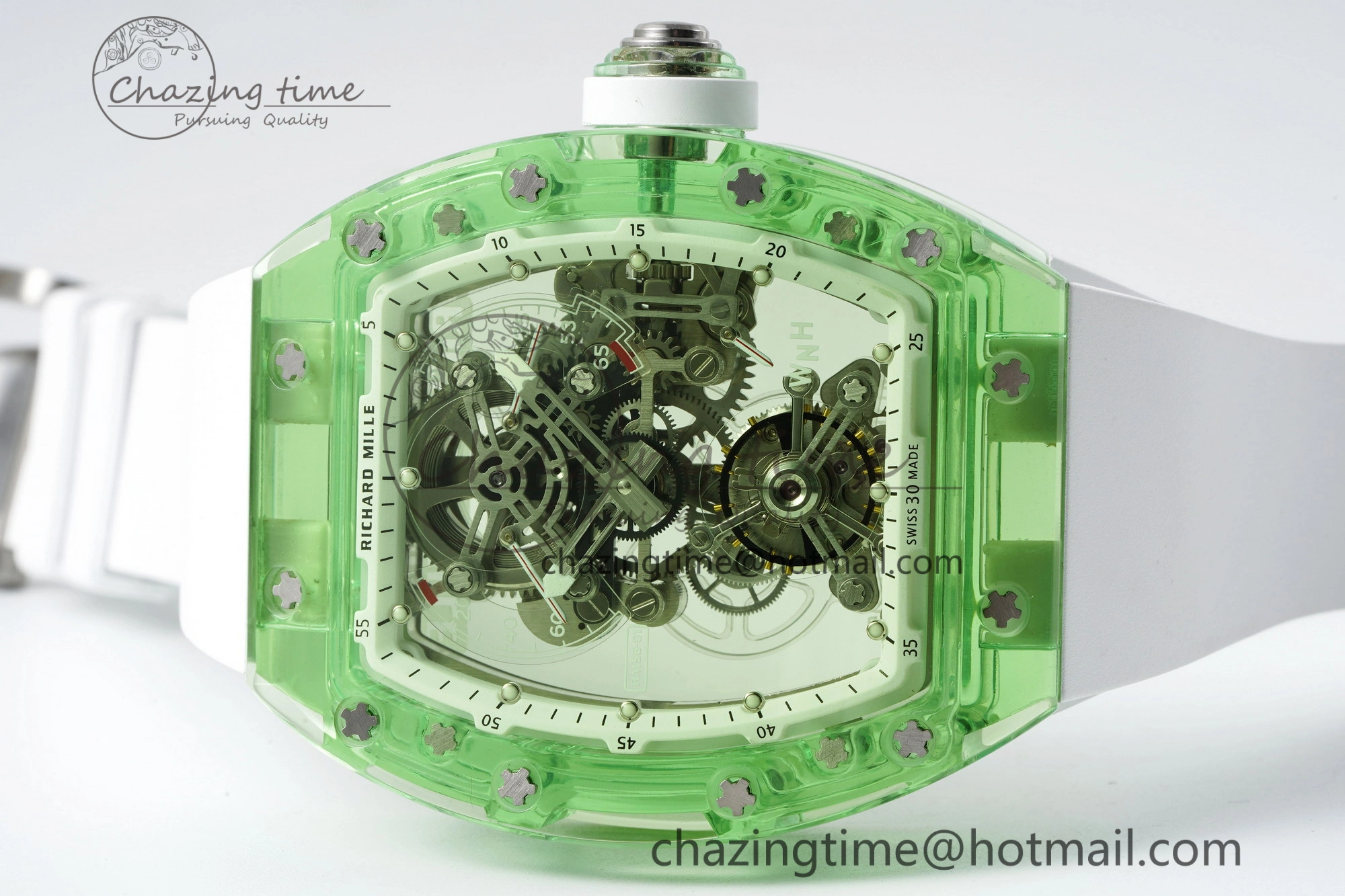 Durable RM56-01 Green Transparent Tourbillon RMF Best Edition Skeleton Dial on White Rubber Strap 9374