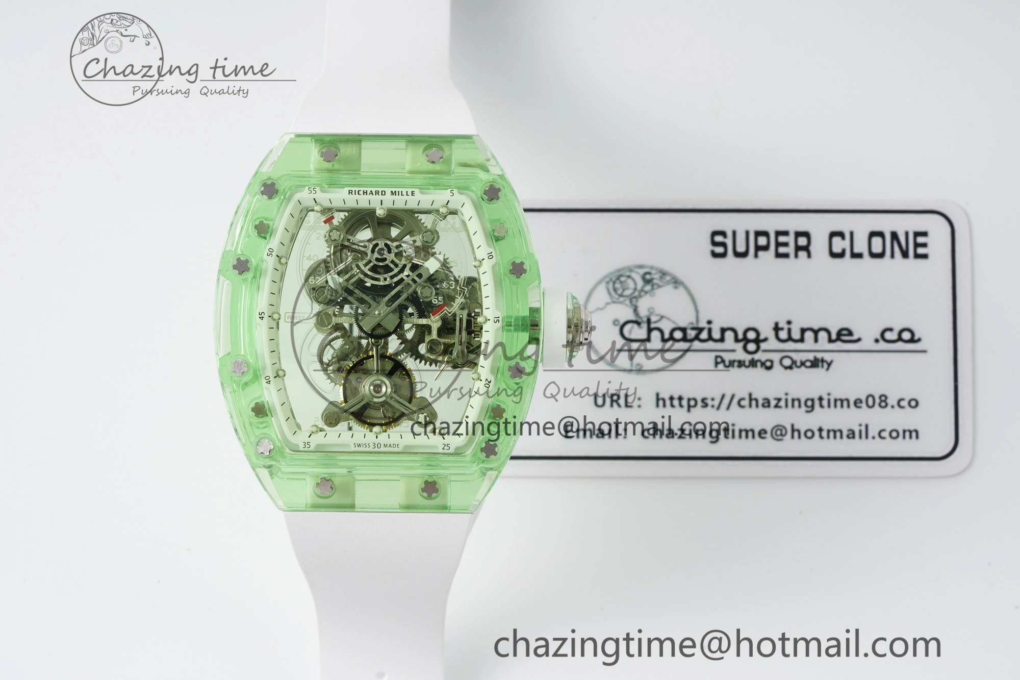 Durable RM56-01 Green Transparent Tourbillon RMF Best Edition Skeleton Dial on White Rubber Strap 9374