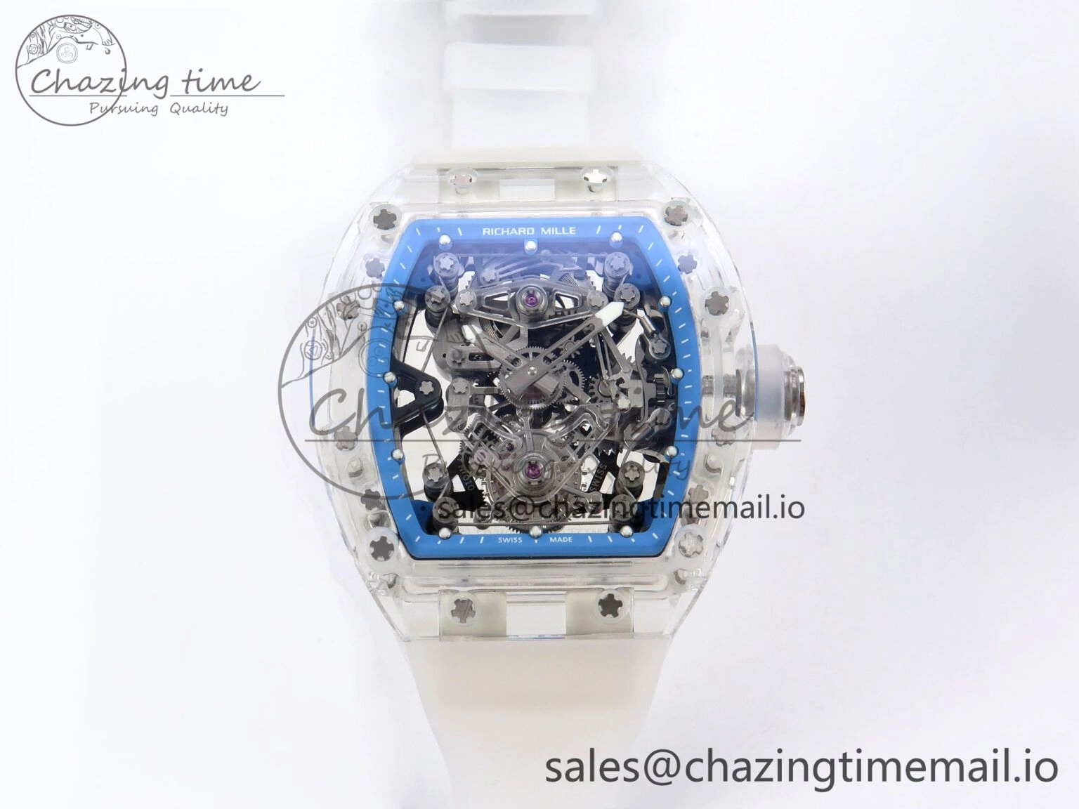 Trendy RM56-02 Transparent Tourbillon RMF Best Edition Skeleton Blue Dial on Transparent Rubber Strap 9255