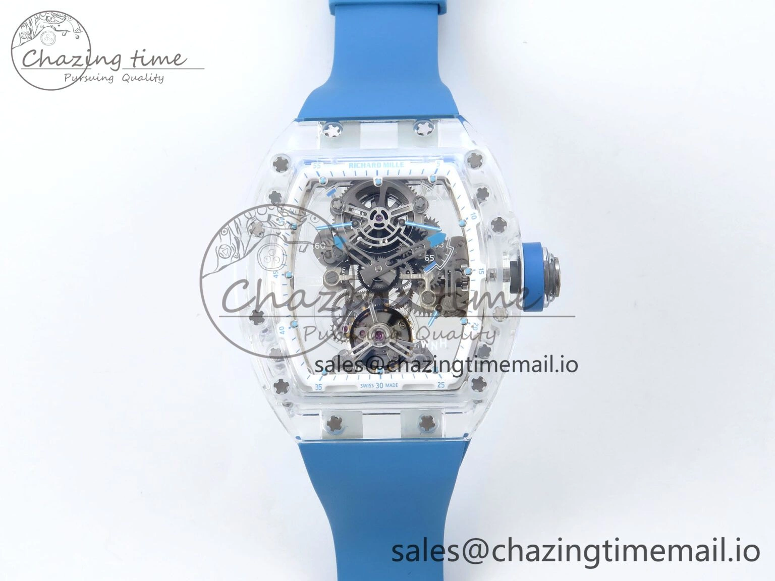 FreshLook RM56-02 Transparent Tourbillon RMF Best Edition Skeleton Dial Blue Hands on Blue Rubber Strap 9231