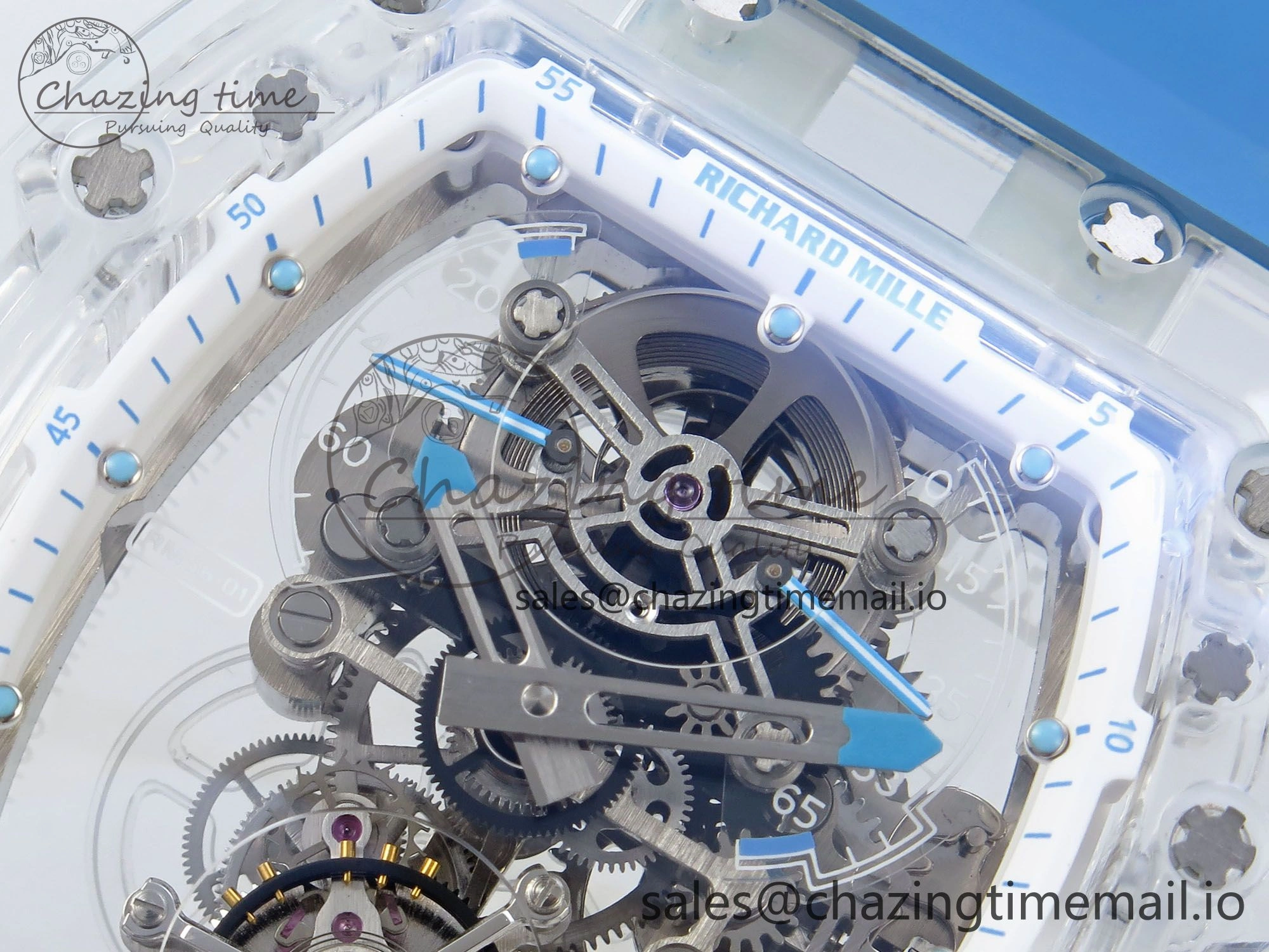 FreshLook RM56-02 Transparent Tourbillon RMF Best Edition Skeleton Dial Blue Hands on Blue Rubber Strap 9231