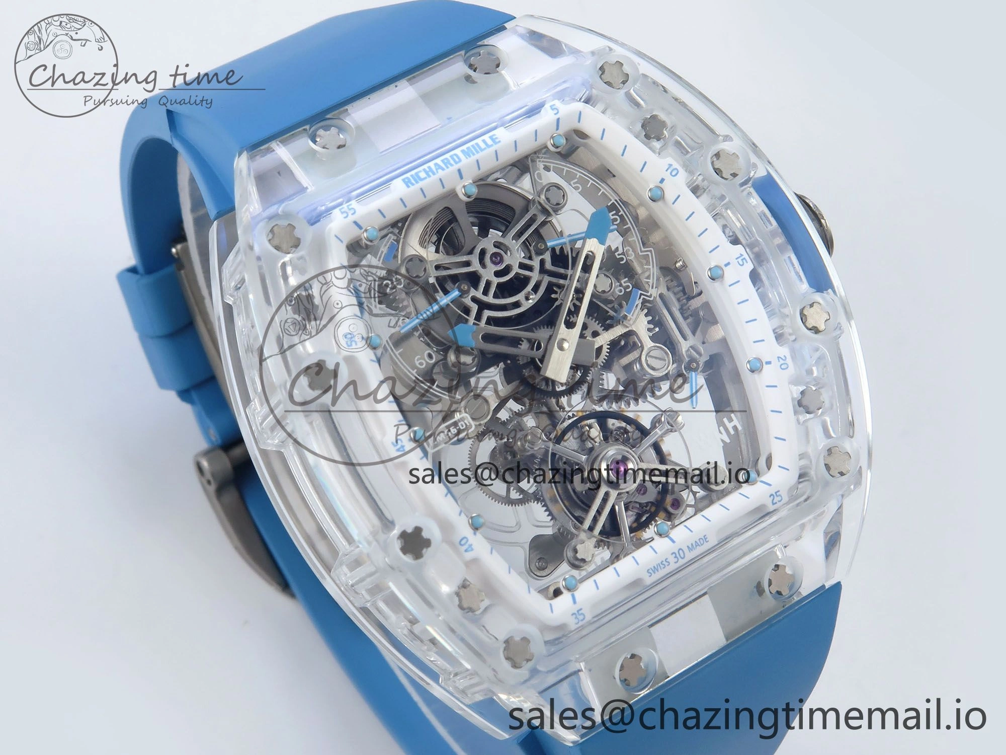 FreshLook RM56-02 Transparent Tourbillon RMF Best Edition Skeleton Dial Blue Hands on Blue Rubber Strap 9231