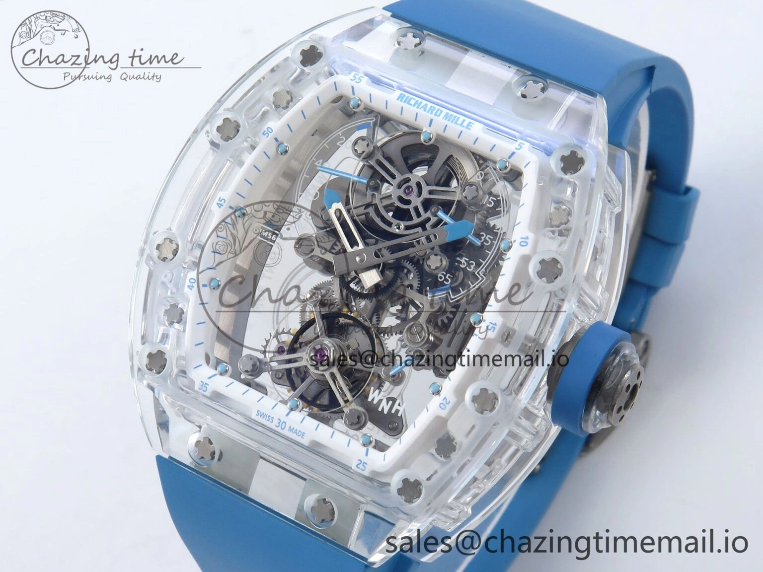 FreshLook RM56-02 Transparent Tourbillon RMF Best Edition Skeleton Dial Blue Hands on Blue Rubber Strap 9231