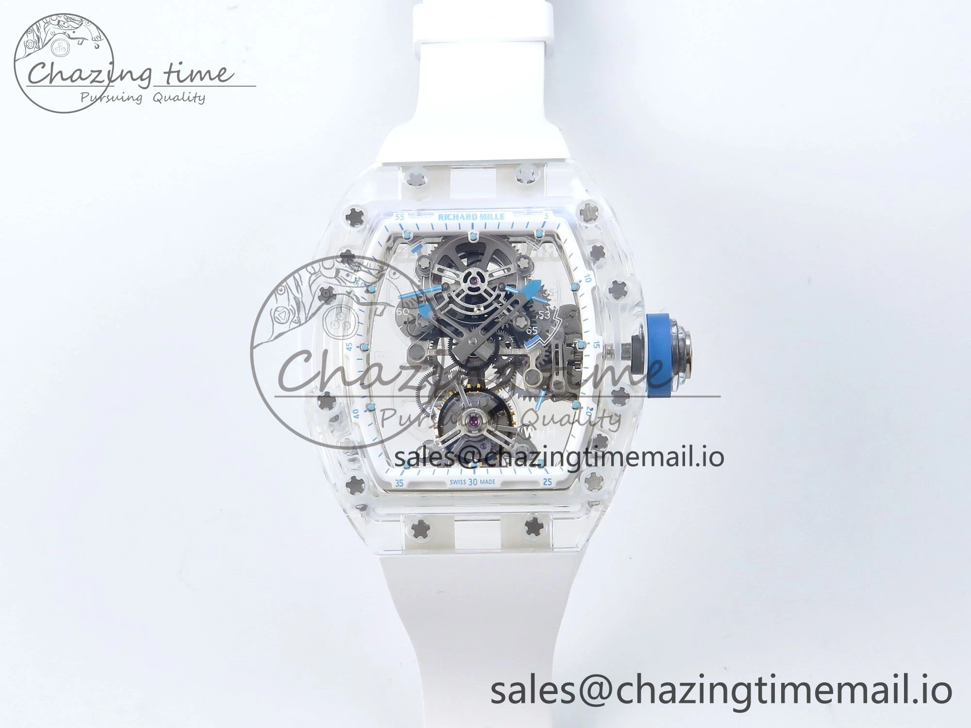 RM56-02 Transparent Tourbillon RMF Best Edition Skeleton Dial Blue Hands on White Rubber Strap EasyCare 9233