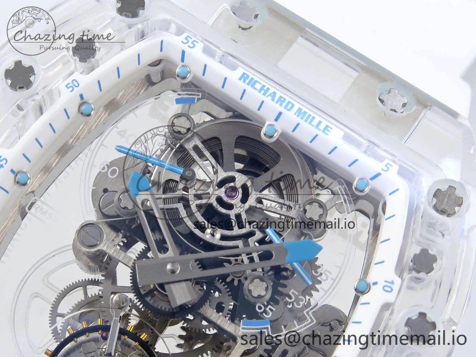 RM56-02 Transparent Tourbillon RMF Best Edition Skeleton Dial Blue Hands on White Rubber Strap EasyCare 9233
