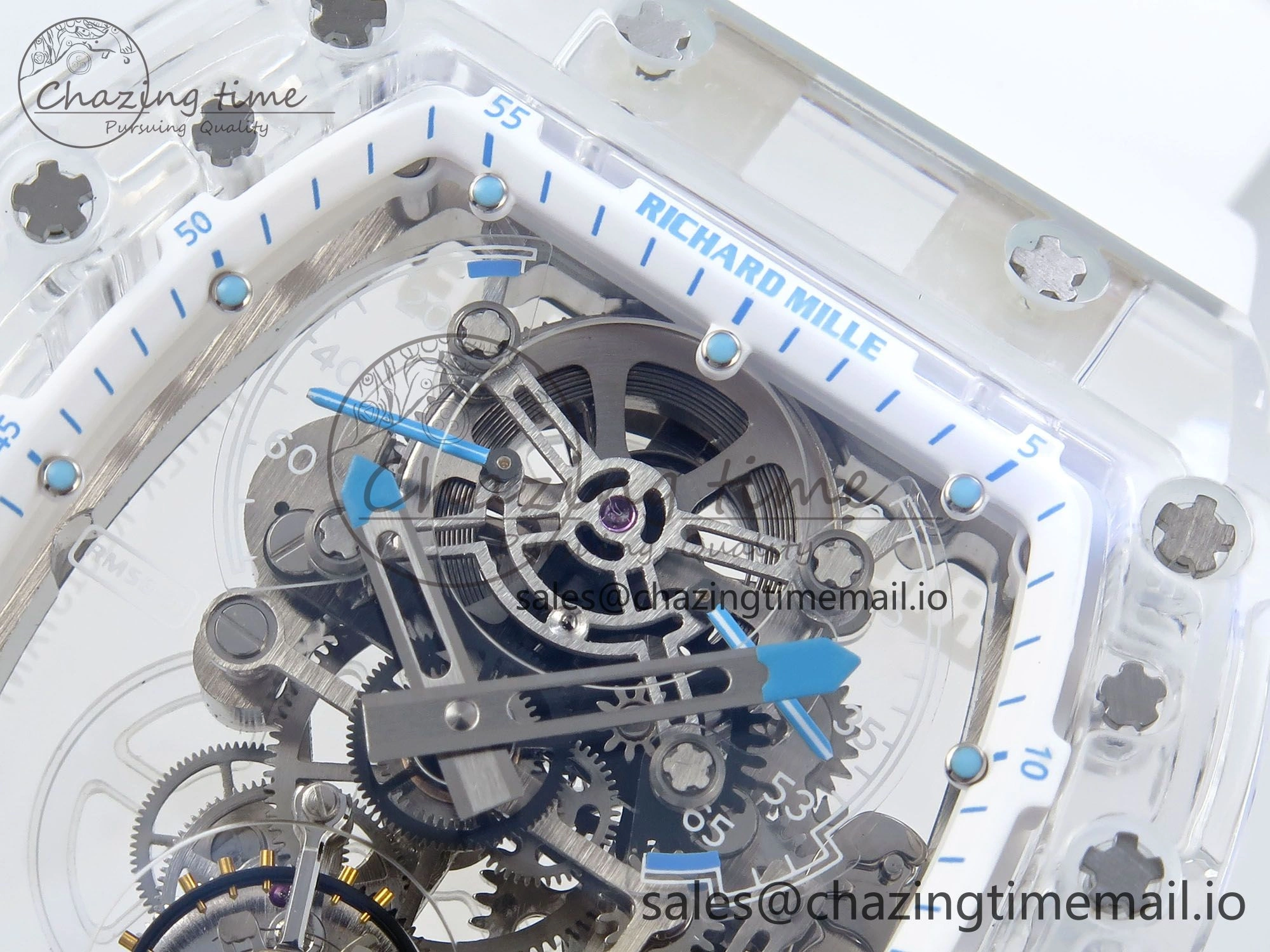 RM56-02 Transparent Tourbillon RMF Best Edition Skeleton Dial Blue Hands on White Rubber Strap EasyCare 9233