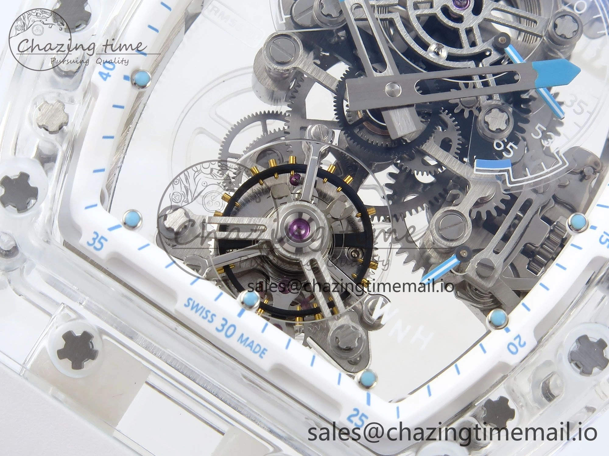 RM56-02 Transparent Tourbillon RMF Best Edition Skeleton Dial Blue Hands on White Rubber Strap EasyCare 9233