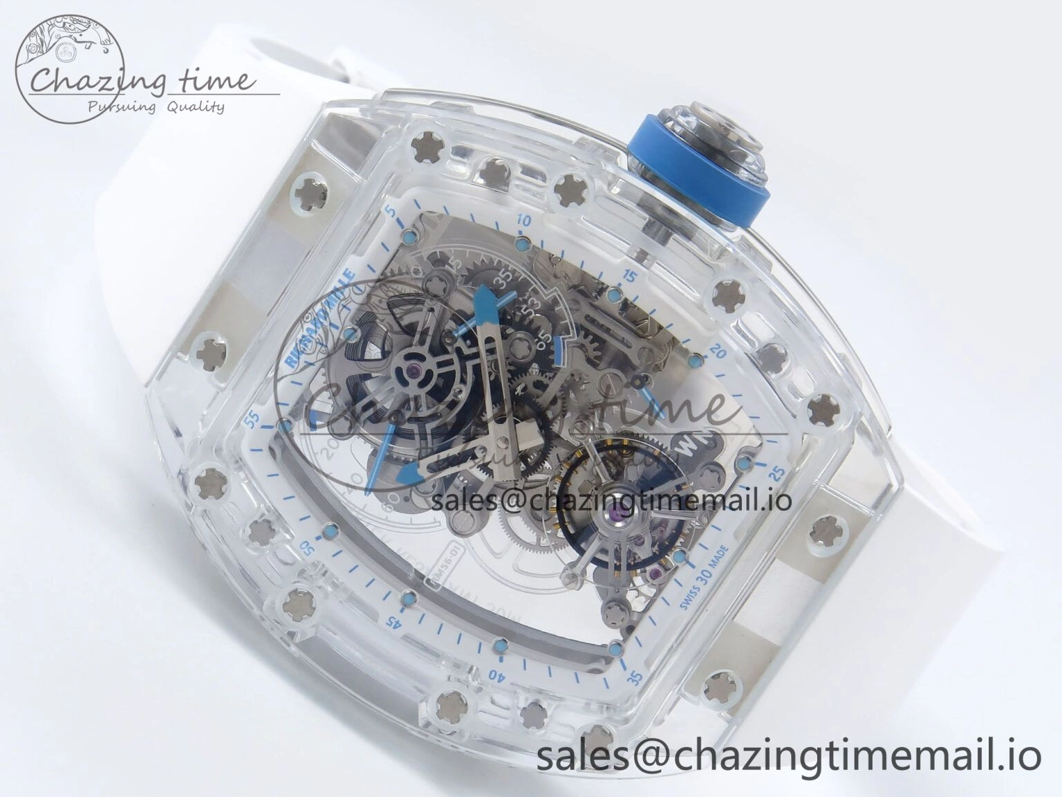 RM56-02 Transparent Tourbillon RMF Best Edition Skeleton Dial Blue Hands on White Rubber Strap EasyCare 9233
