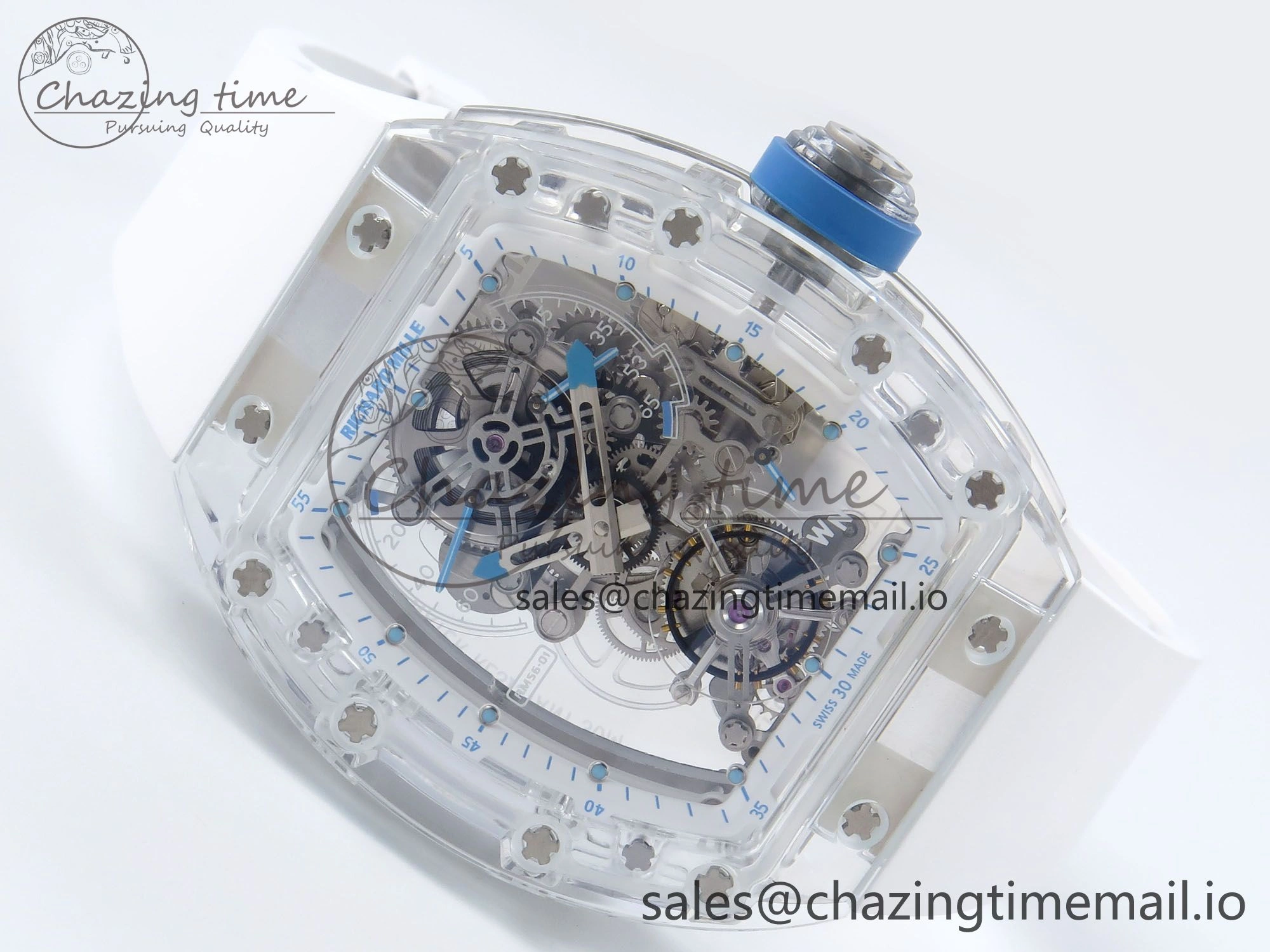RM56-02 Transparent Tourbillon RMF Best Edition Skeleton Dial Blue Hands on White Rubber Strap EasyCare 9233