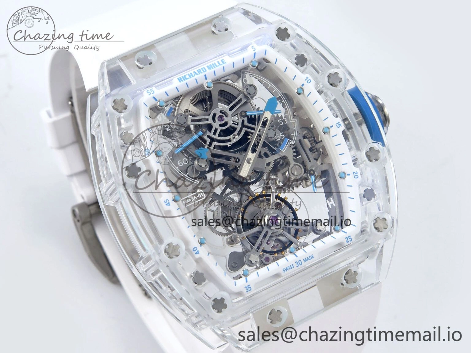 RM56-02 Transparent Tourbillon RMF Best Edition Skeleton Dial Blue Hands on White Rubber Strap EasyCare 9233