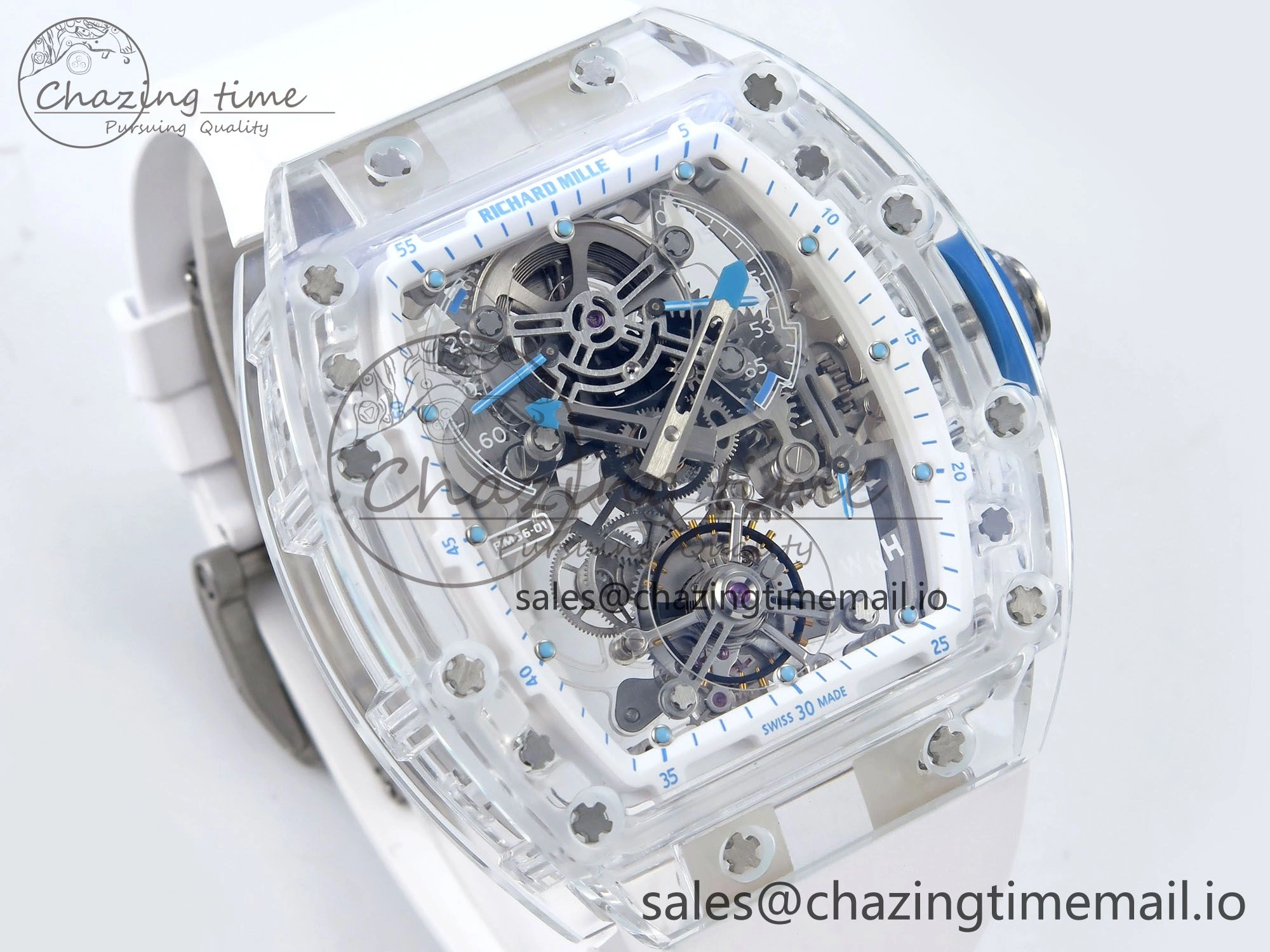 RM56-02 Transparent Tourbillon RMF Best Edition Skeleton Dial Blue Hands on White Rubber Strap EasyCare 9233