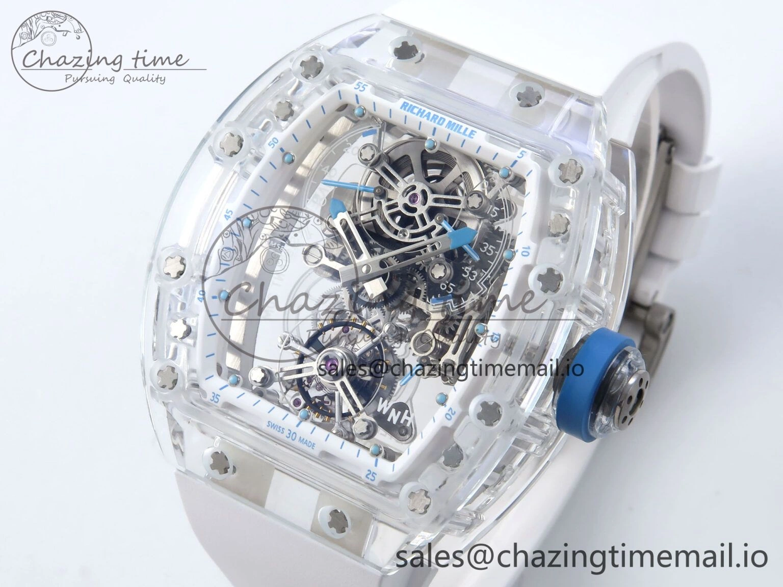 RM56-02 Transparent Tourbillon RMF Best Edition Skeleton Dial Blue Hands on White Rubber Strap EasyCare 9233