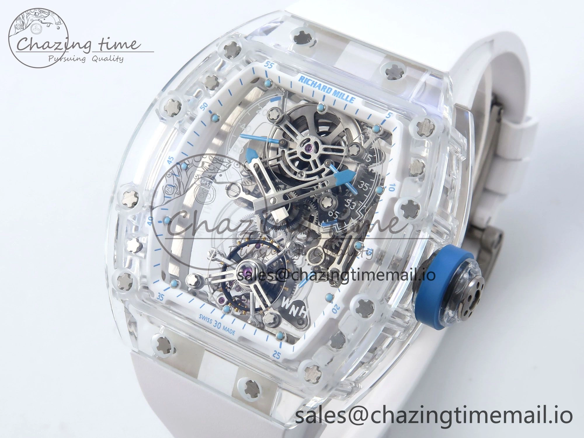 RM56-02 Transparent Tourbillon RMF Best Edition Skeleton Dial Blue Hands on White Rubber Strap EasyCare 9233