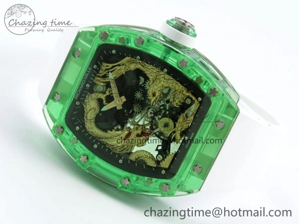 Bright RM57 Green Transparent Tourbillon RMF Best Edition Gold Dragon Eagle Dial on White Rubber Strap 9297