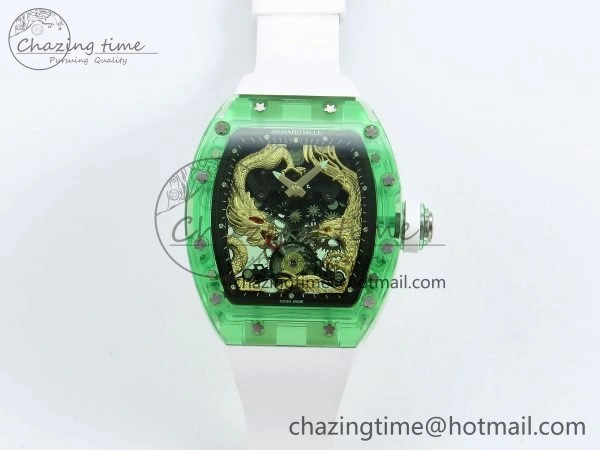 Bright RM57 Green Transparent Tourbillon RMF Best Edition Gold Dragon Eagle Dial on White Rubber Strap 9297
