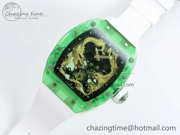 Bright RM57 Green Transparent Tourbillon RMF Best Edition Gold Dragon Eagle Dial on White Rubber Strap 9297