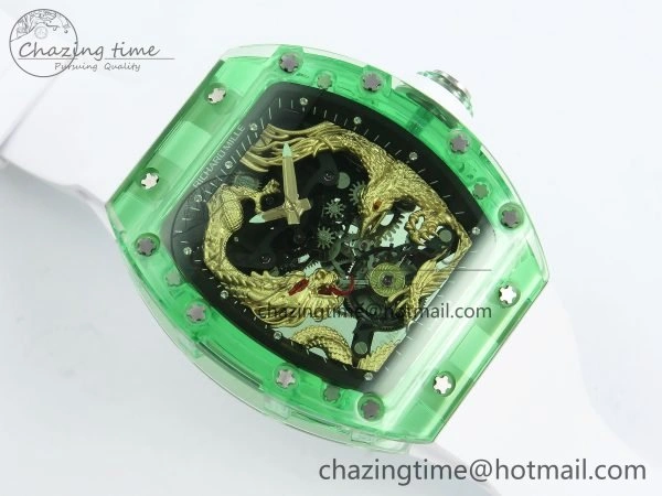 Bright RM57 Green Transparent Tourbillon RMF Best Edition Gold Dragon Eagle Dial on White Rubber Strap 9297