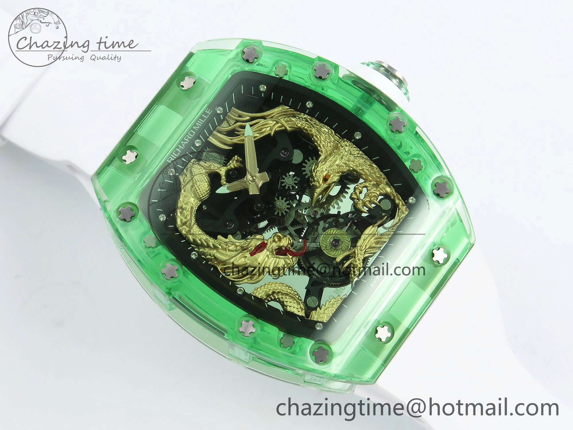 Bright RM57 Green Transparent Tourbillon RMF Best Edition Gold Dragon Eagle Dial on White Rubber Strap 9297