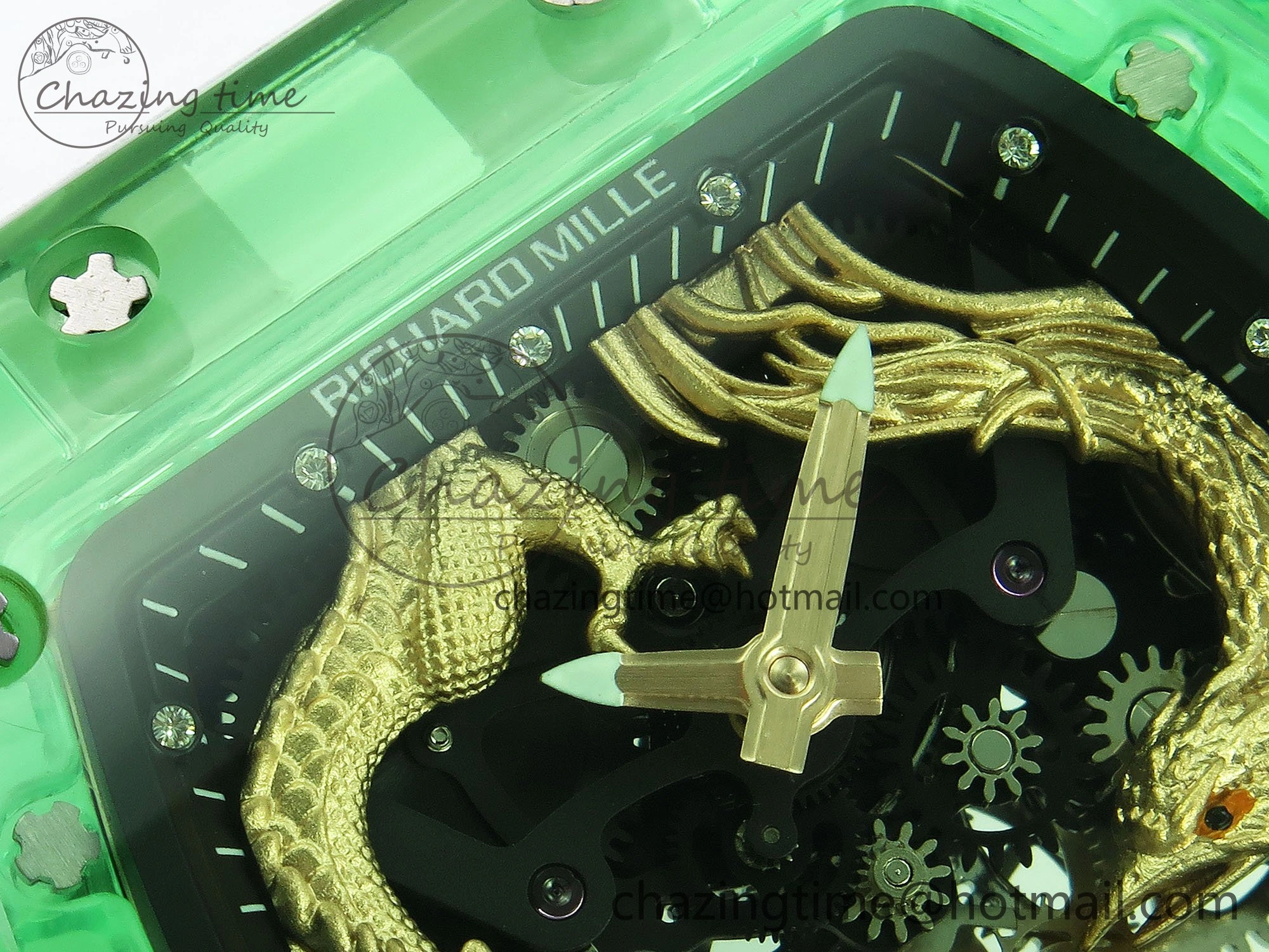 Bright RM57 Green Transparent Tourbillon RMF Best Edition Gold Dragon Eagle Dial on White Rubber Strap 9297
