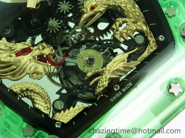 Bright RM57 Green Transparent Tourbillon RMF Best Edition Gold Dragon Eagle Dial on White Rubber Strap 9297