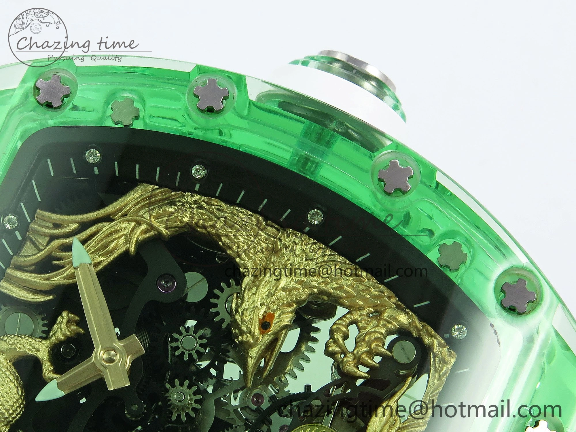 Bright RM57 Green Transparent Tourbillon RMF Best Edition Gold Dragon Eagle Dial on White Rubber Strap 9297