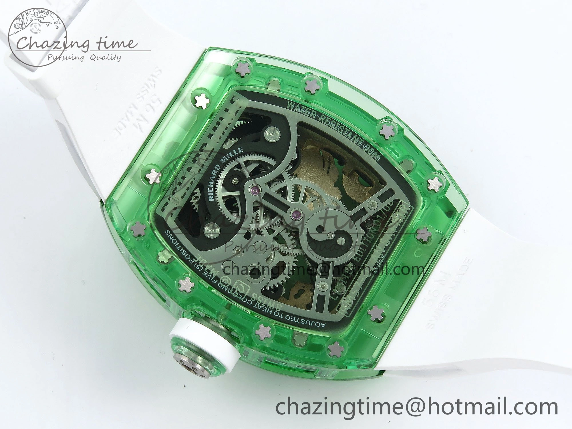 Bright RM57 Green Transparent Tourbillon RMF Best Edition Gold Dragon Eagle Dial on White Rubber Strap 9297