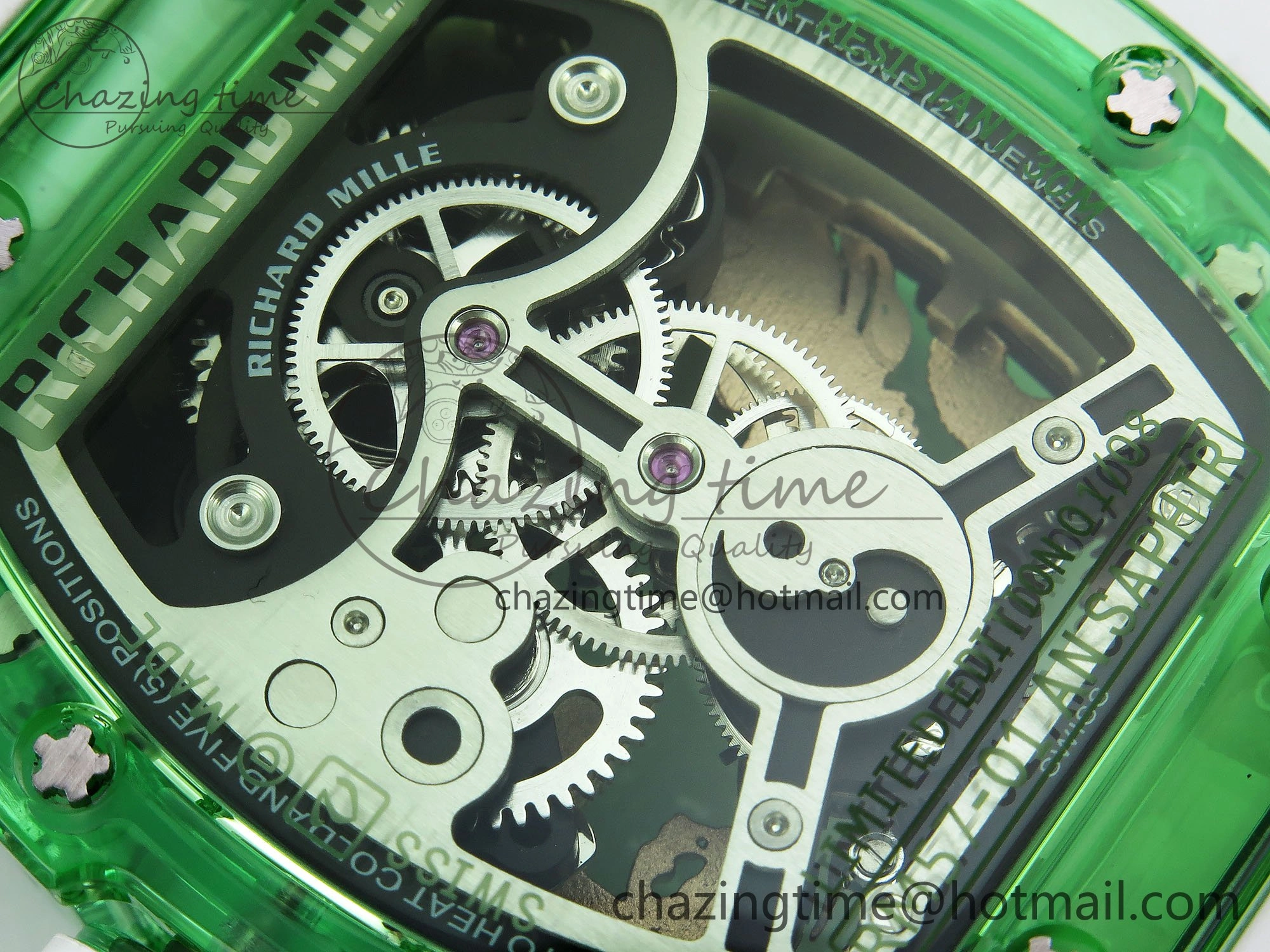 Bright RM57 Green Transparent Tourbillon RMF Best Edition Gold Dragon Eagle Dial on White Rubber Strap 9297
