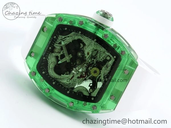 RM57 Green Transparent Tourbillon RMF Best Edition Silver Dragon Eagle Dial on White Rubber Strap WellDesigned 9299