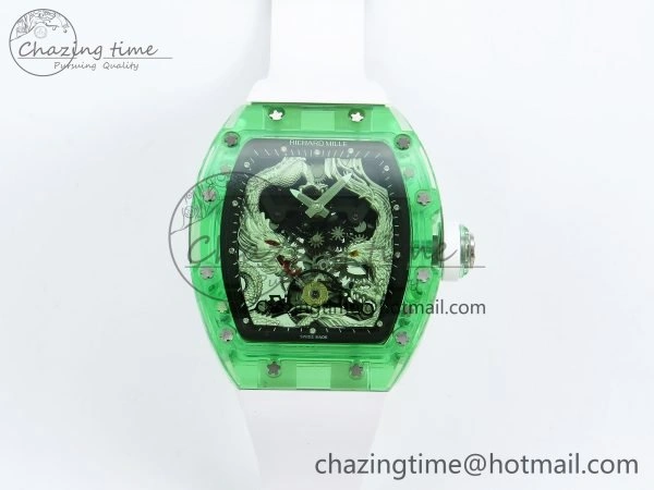 RM57 Green Transparent Tourbillon RMF Best Edition Silver Dragon Eagle Dial on White Rubber Strap WellDesigned 9299
