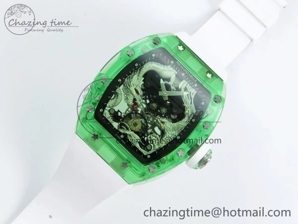 RM57 Green Transparent Tourbillon RMF Best Edition Silver Dragon Eagle Dial on White Rubber Strap WellDesigned 9299