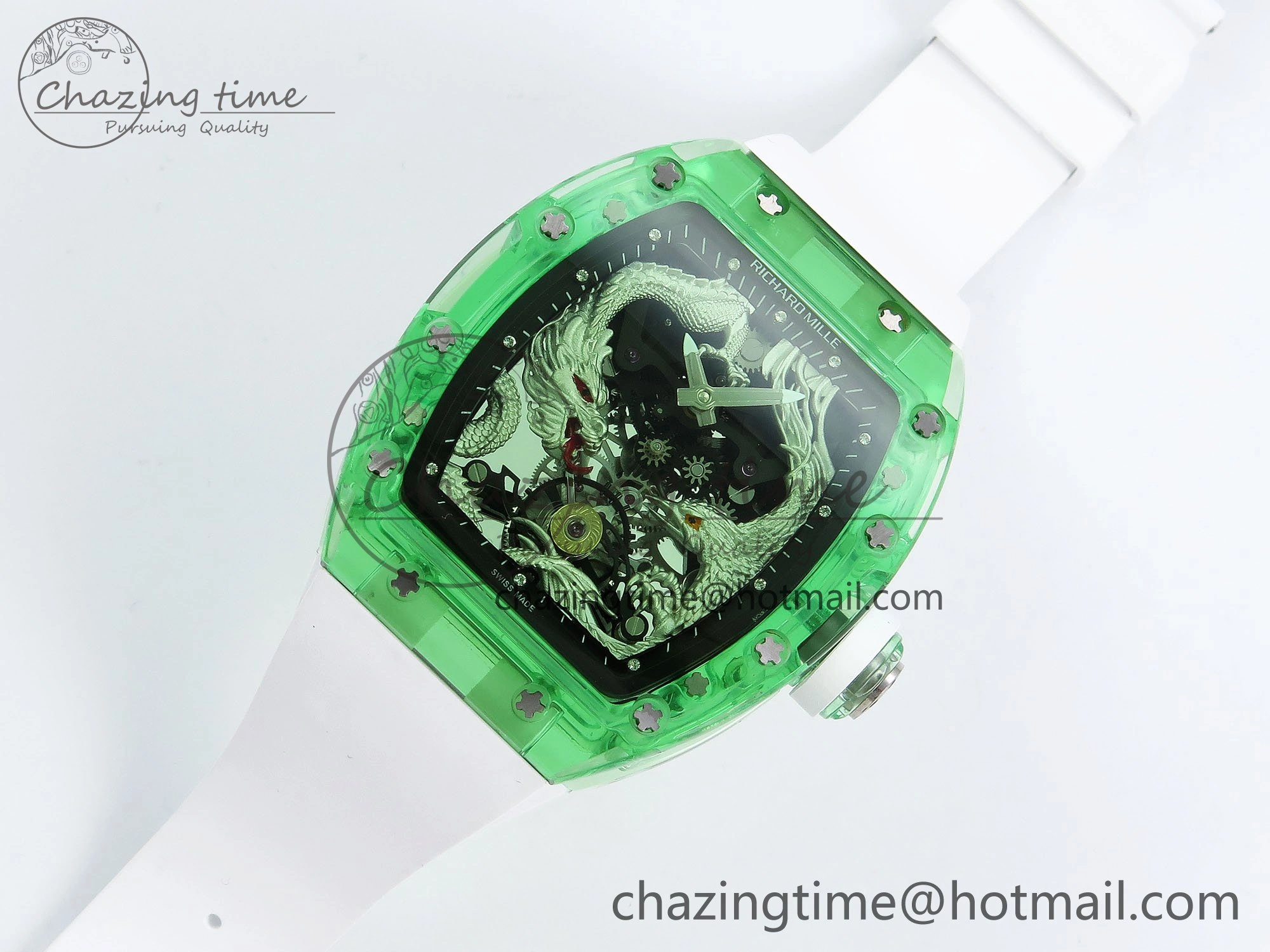 RM57 Green Transparent Tourbillon RMF Best Edition Silver Dragon Eagle Dial on White Rubber Strap WellDesigned 9299