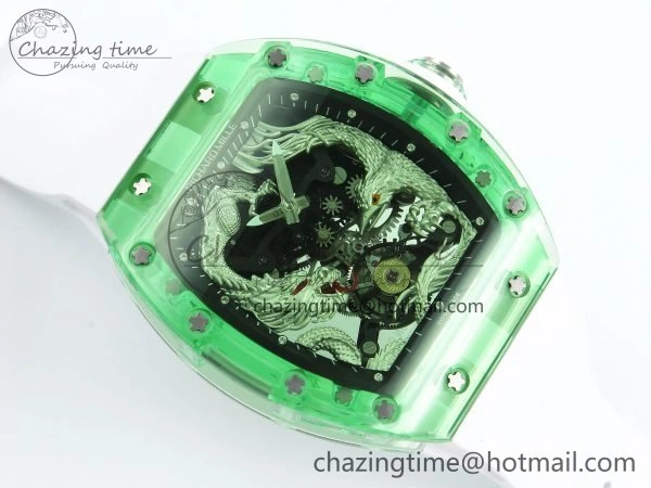RM57 Green Transparent Tourbillon RMF Best Edition Silver Dragon Eagle Dial on White Rubber Strap WellDesigned 9299