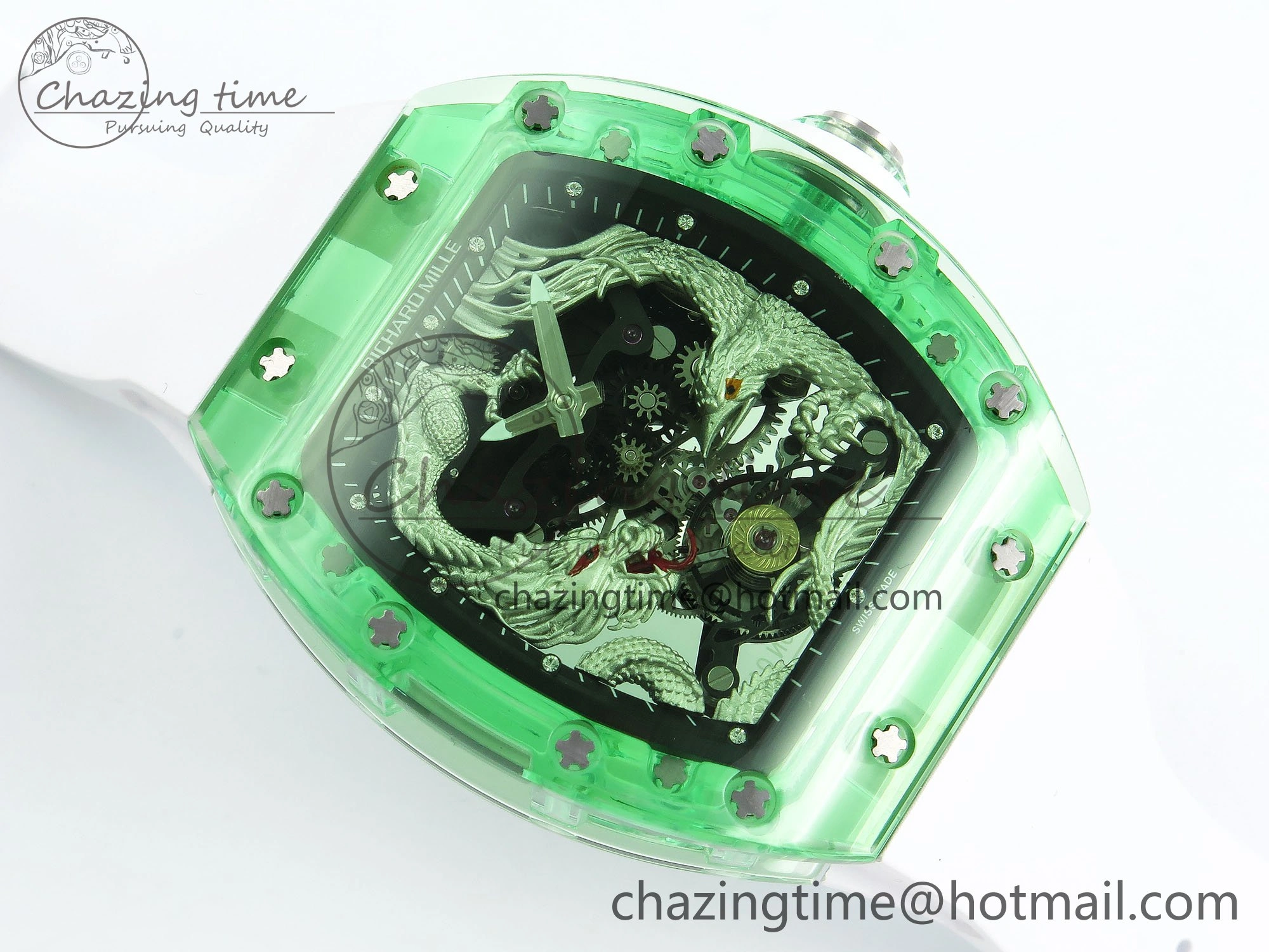 RM57 Green Transparent Tourbillon RMF Best Edition Silver Dragon Eagle Dial on White Rubber Strap WellDesigned 9299