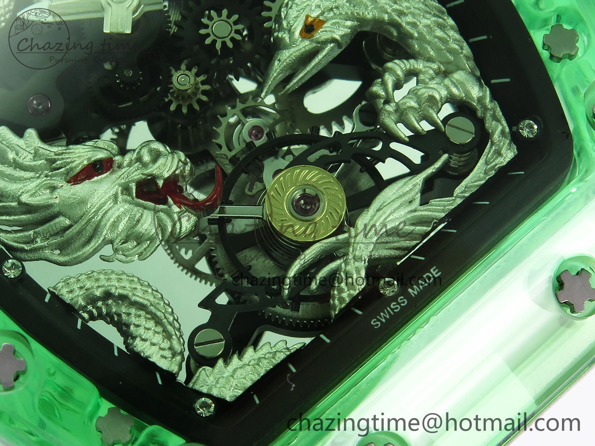 RM57 Green Transparent Tourbillon RMF Best Edition Silver Dragon Eagle Dial on White Rubber Strap WellDesigned 9299
