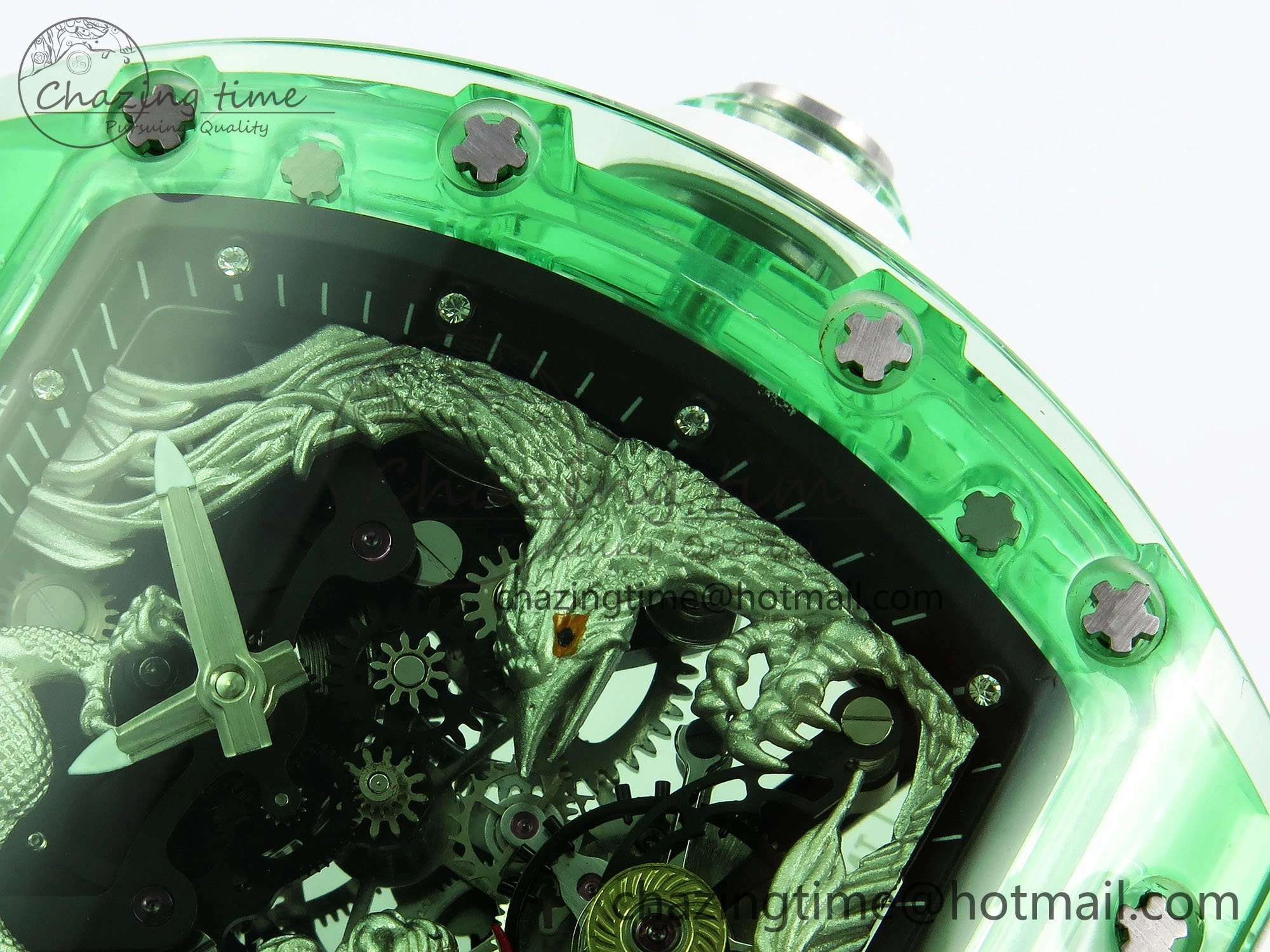 RM57 Green Transparent Tourbillon RMF Best Edition Silver Dragon Eagle Dial on White Rubber Strap WellDesigned 9299