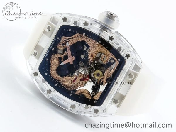 RM57 Transparent Tourbillon RMF Best Edition Gold Dragon Eagle Dial on Transparent Rubber Strap Durable 9298