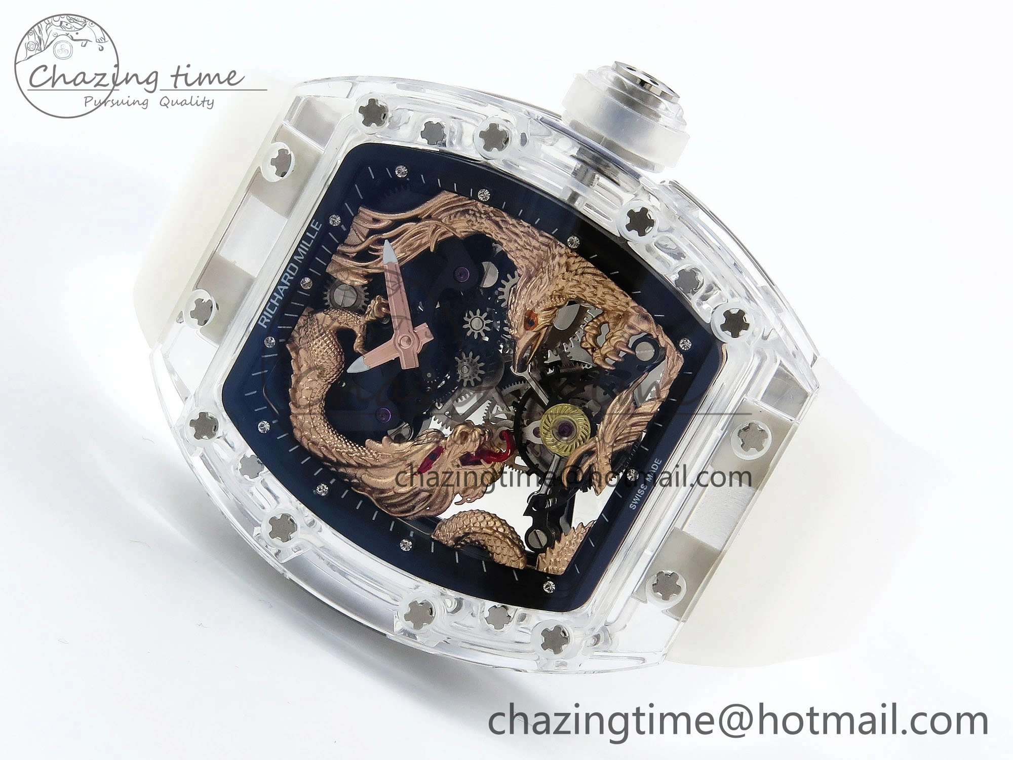 RM57 Transparent Tourbillon RMF Best Edition Gold Dragon Eagle Dial on Transparent Rubber Strap Durable 9298